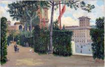 Carlo Montani, Esedra arborea sul lato occidentale di Piazza Venezia, olio su tavola, 1935